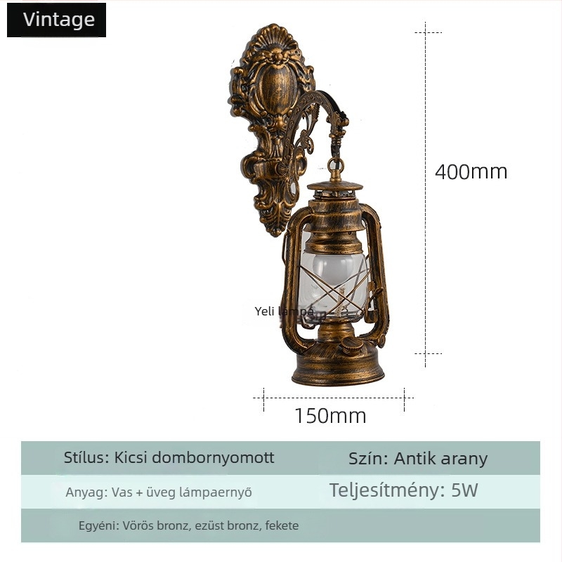 Vintage falikar üveg árnyékolóval, vas testtel, LED világítással