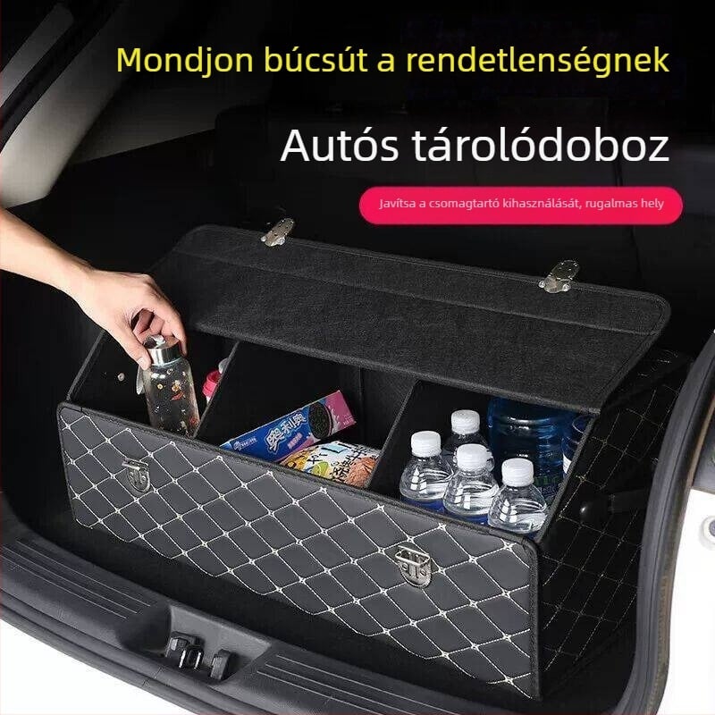 Összecsukható csomagtartó szervező doboz műbőrrel, autóhoz, fogantyúval