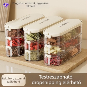 Élelmiszer-minőségű fűszertároló doboz rekeszekkel, egymásra tehető, nagy kapacitású, fedéllel záródó, por- és nedvességálló