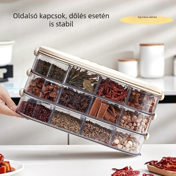 Élelmiszer-minőségű fűszertároló doboz rekeszekkel, egymásra tehető, nagy kapacitású, fedéllel záródó, por- és nedvességálló