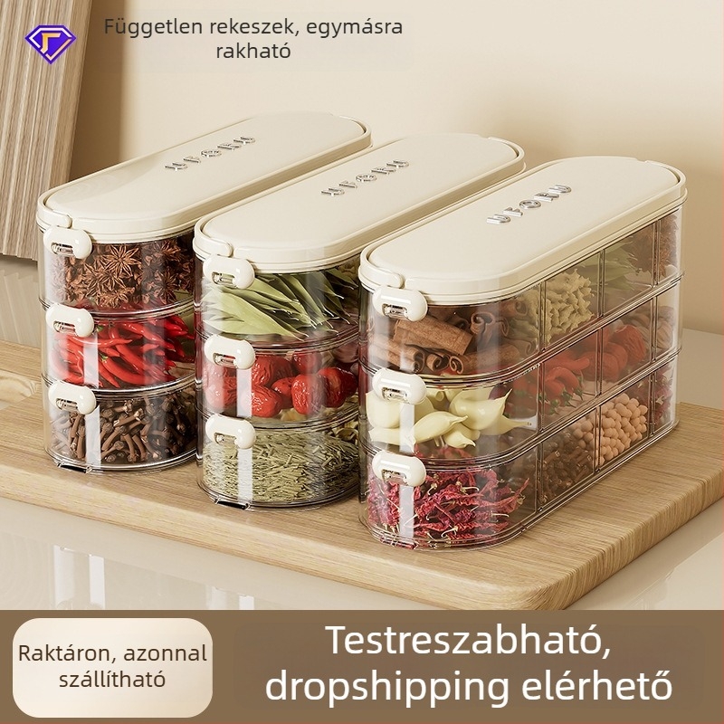 Élelmiszer-minőségű fűszertároló doboz rekeszekkel, egymásra tehető, nagy kapacitású, fedéllel záródó, por- és nedvességálló