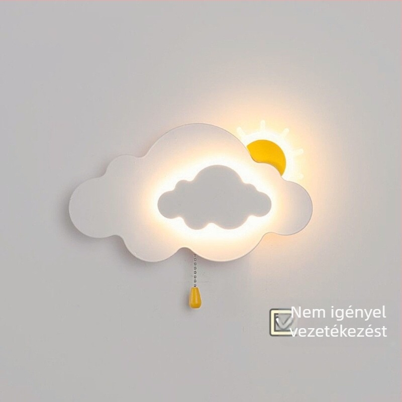 Felhő alakú falikar vezeték nélküli töltéssel, minimalist dekor a gyerekszobában.