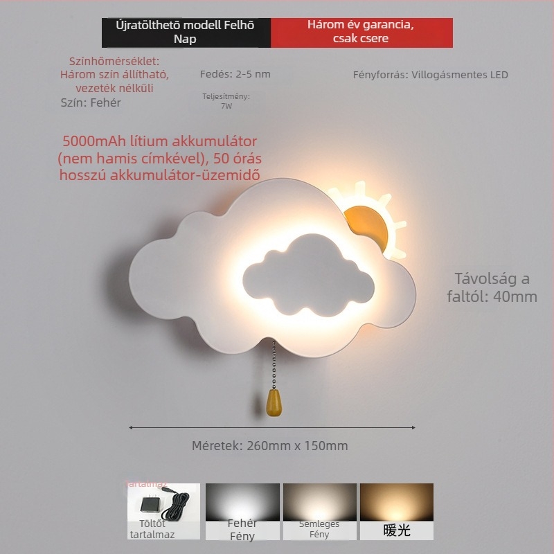 Felhő alakú falikar vezeték nélküli töltéssel, minimalist dekor a gyerekszobában.