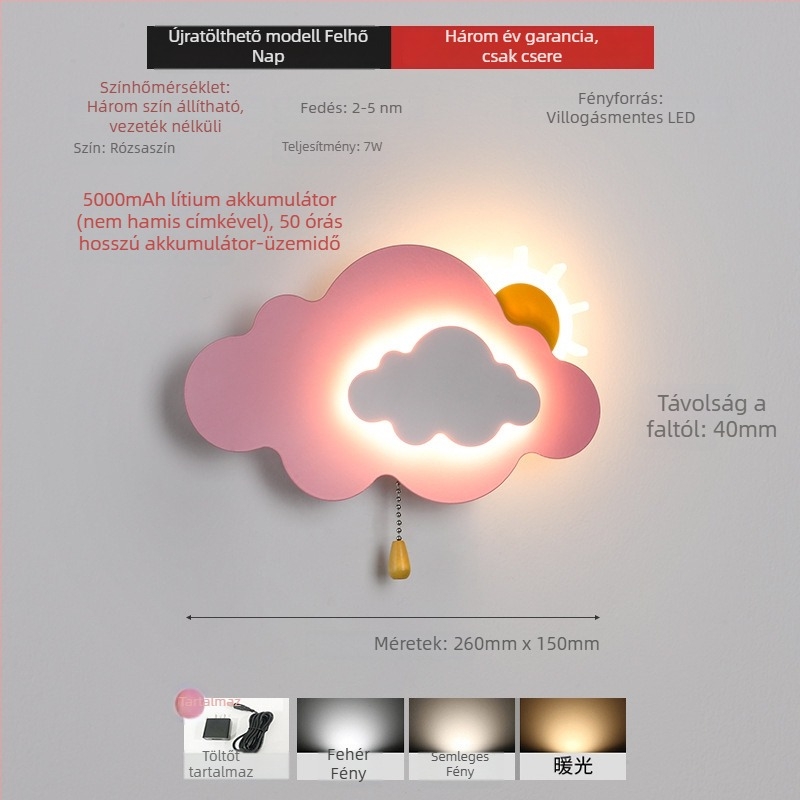 Felhő alakú falikar vezeték nélküli töltéssel, minimalist dekor a gyerekszobában.