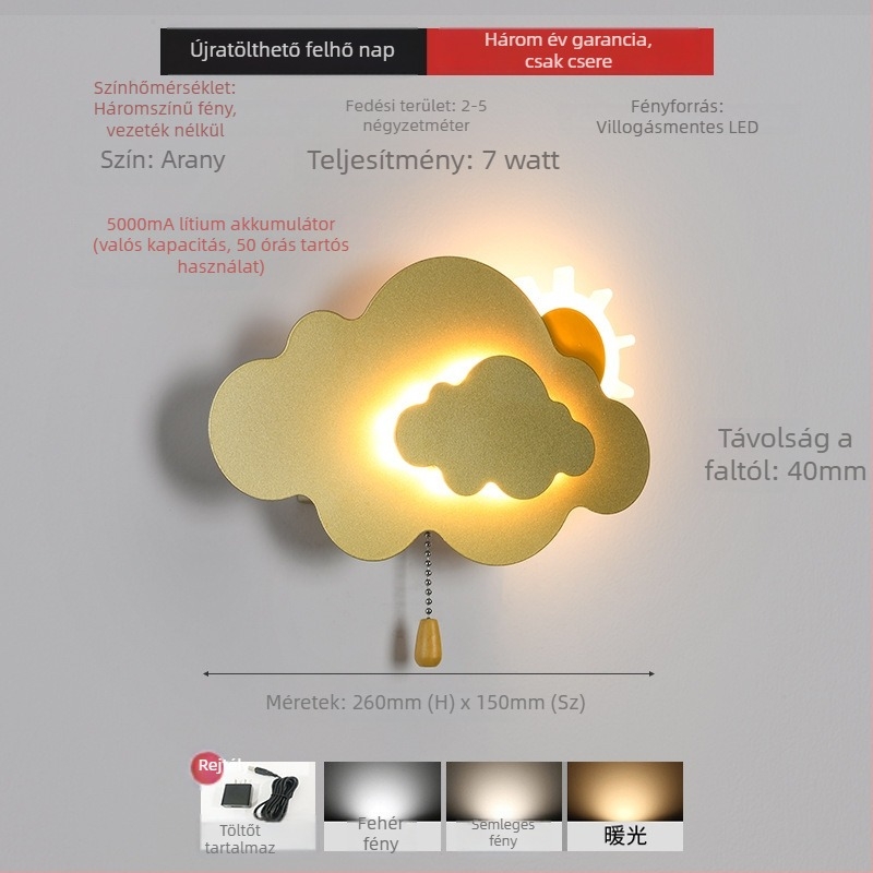 Felhő alakú falikar vezeték nélküli töltéssel, minimalist dekor a gyerekszobában.