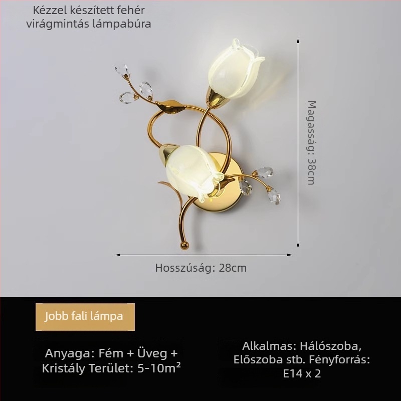 Fali lámpa üvegbúrás árnyékolóval, vasból készült test, amerikai vidéki virágmotívumokkal, modern európai minimalist dizájn.