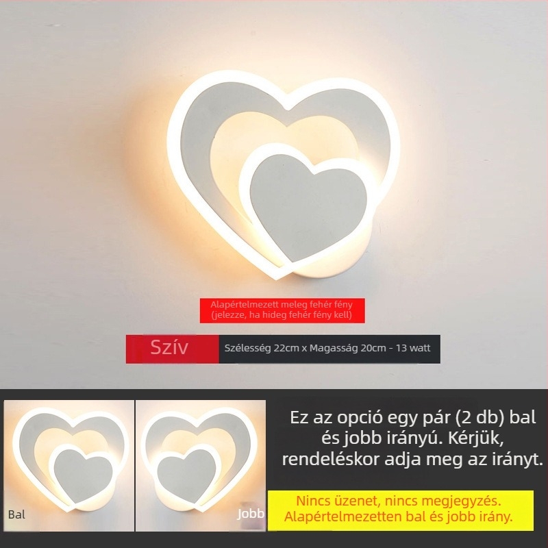LED szív alakú fali lámpa - minimalistikus posztmodern Skandináv stílus, kétszintes szív, kreatív hálószoba és nappali világítás