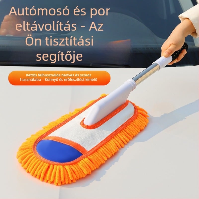 Ívelt nyelű autómosó mop chenille sörtéjű kefével és puha sörtéjű fejjel