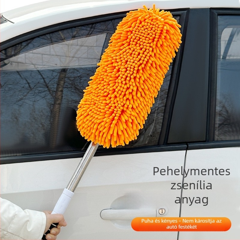 Ívelt nyelű autómosó mop chenille sörtéjű kefével és puha sörtéjű fejjel