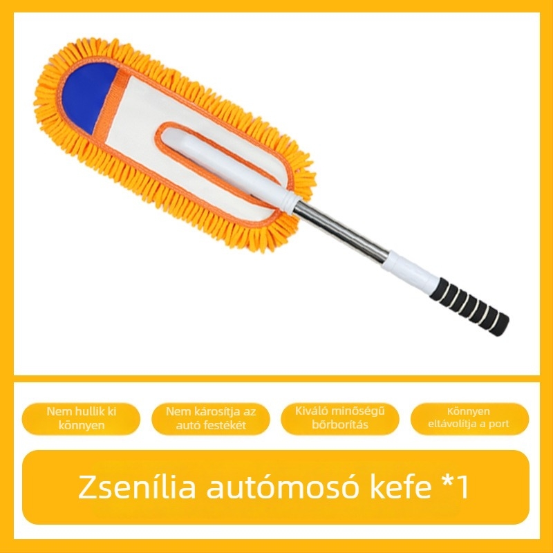 Ívelt nyelű autómosó mop chenille sörtéjű kefével és puha sörtéjű fejjel
