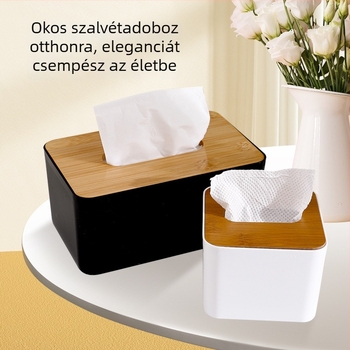 Kreatív papírzsebkendő-doboz fa fedéllel és műanyag testtel, kihúzható tároló asztali használatra