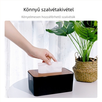 Kreatív papírzsebkendő-doboz fa fedéllel és műanyag testtel, kihúzható tároló asztali használatra