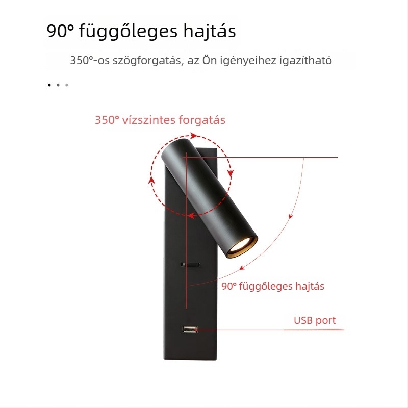 Felszínre szerelt olvasólámpa szállodai szobákhoz USB töltéssel, kapcsolóval és forgó spotfénnyel
