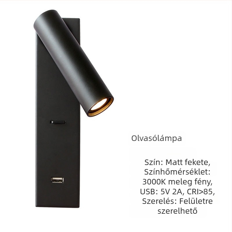 Felszínre szerelt olvasólámpa szállodai szobákhoz USB töltéssel, kapcsolóval és forgó spotfénnyel