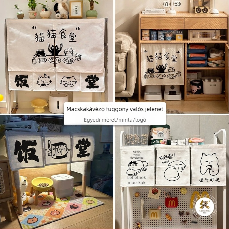 Pamut- és lenvászon ajtófüggöny macskafészek dekorral, vastagabb, karcolásálló, hálószoba vagy erkély számára