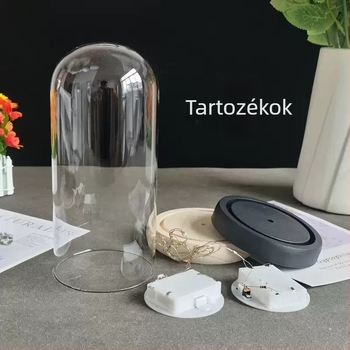 Ősvirág üvegkupola fából készült talppal – mikro táj, porvédő, átlátszó akril fedél