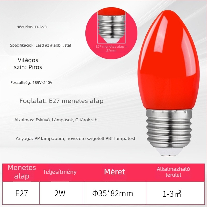 LED piros gyertya alakú izzó E27-es és E14-es csatlakozóval, hegyes formájú, Buddhának felajánláshoz, kristálylámpa