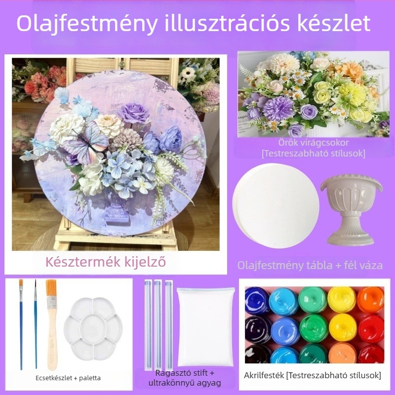Megőrzött virágokkal falikép – gipsz vázzal, retro virág dekoráció olajfestményekhez