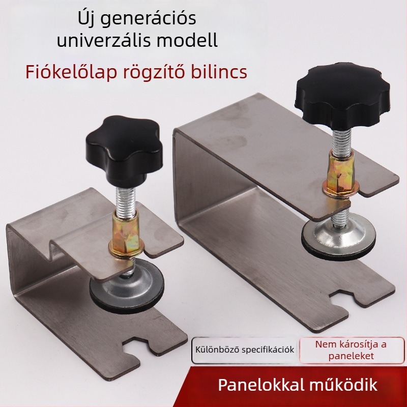 Rozsdamentes acélból készült szekrényajtó szerelési segédklipsz – faipari pozicionáló eszköz
