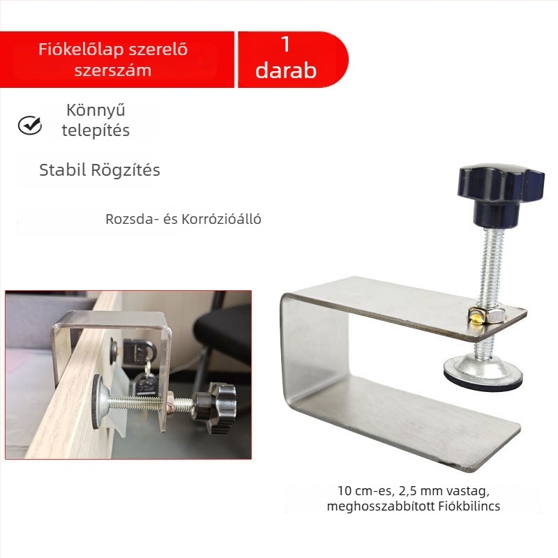 Rozsdamentes acélból készült szekrényajtó szerelési segédklipsz – faipari pozicionáló eszköz
