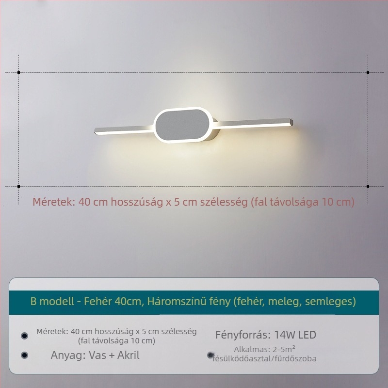 Minimalista hosszú fali lámpa a mosdó tükör előtt – posztmodern, elegáns világítás