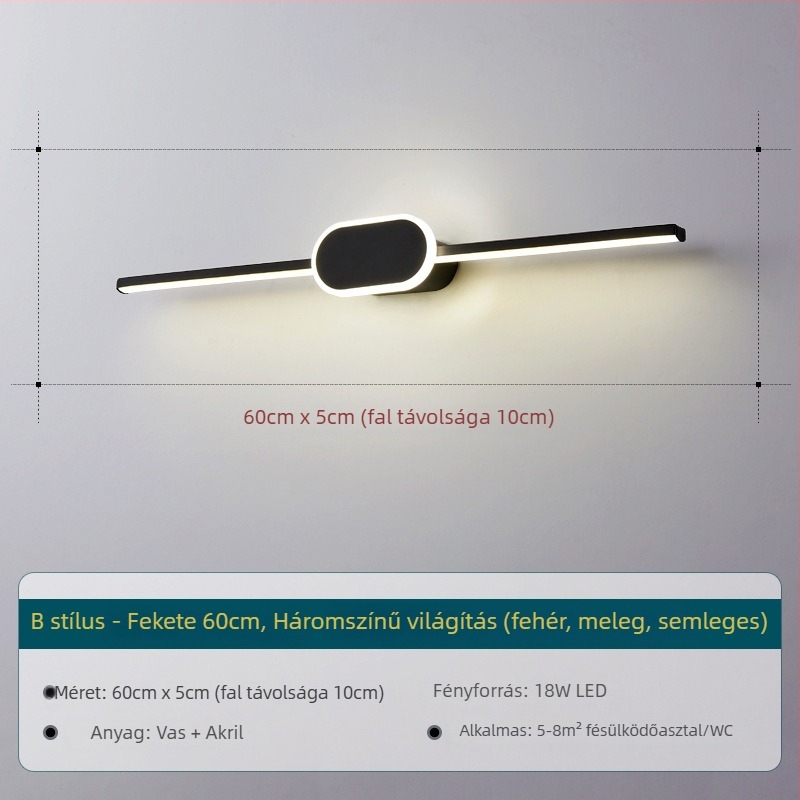 Minimalista hosszú fali lámpa a mosdó tükör előtt – posztmodern, elegáns világítás