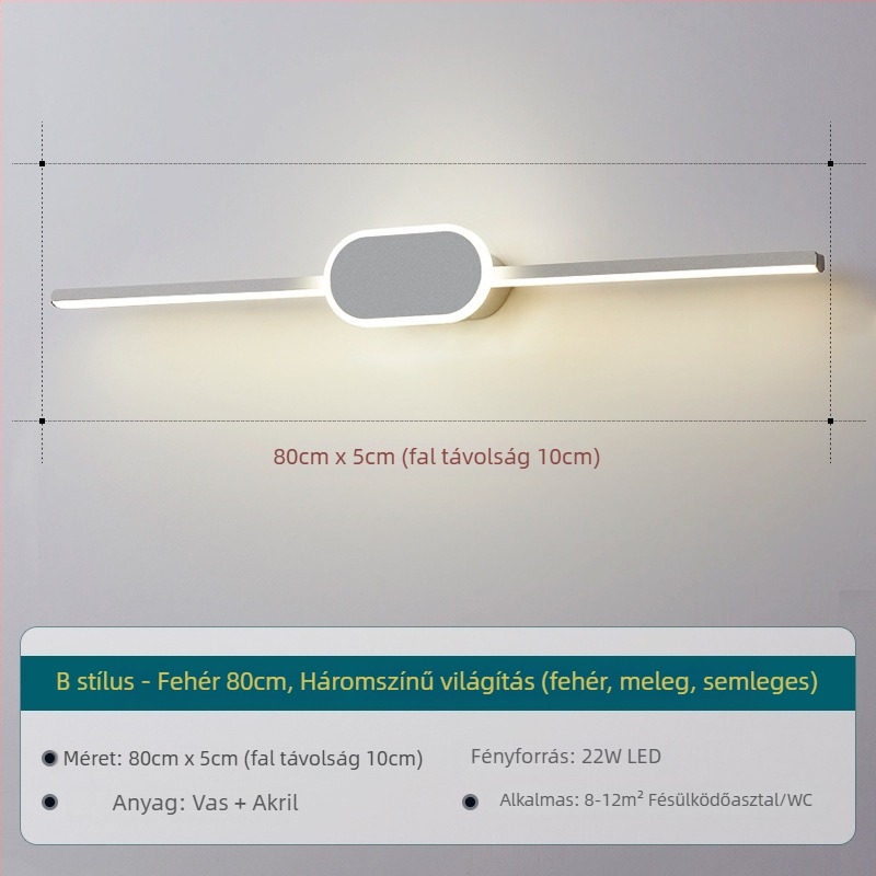 Minimalista hosszú fali lámpa a mosdó tükör előtt – posztmodern, elegáns világítás