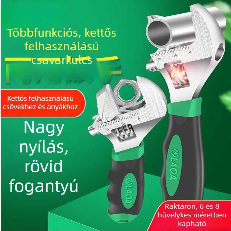 Többcélú rövid fogantyújú állítható csőkulcs, nagy nyílású vég — mini fürdőszobai kulcs