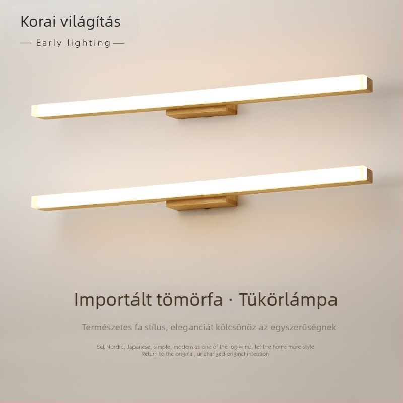 Nordic LED tükör előtti világítás fából készült tükrös szekrénnyel, sminkasztallal, vízálló, páramentes fürdőszobához, egyszerű, modern japán stílusú lámpa