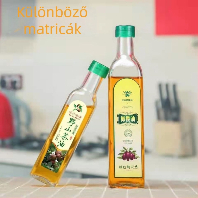 Átlátszó, négyzet alakú üveg olajtartó palack olívaolajhoz, kamélia-olajhoz, dióolajhoz és szezámolajhoz