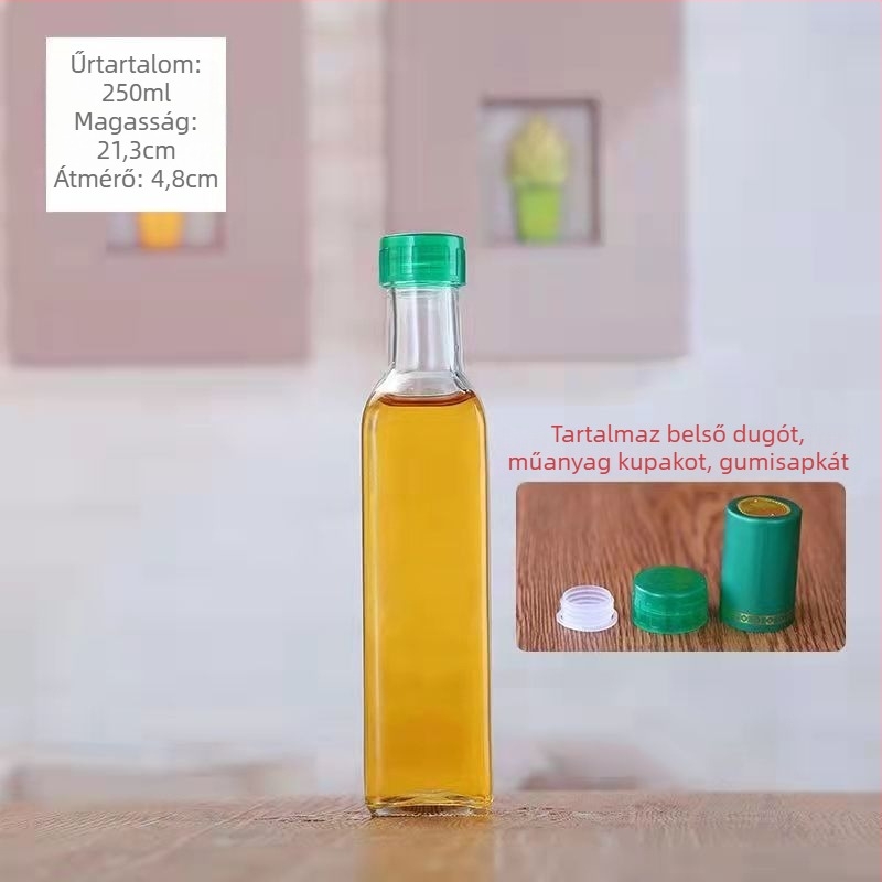 Átlátszó, négyzet alakú üveg olajtartó palack olívaolajhoz, kamélia-olajhoz, dióolajhoz és szezámolajhoz