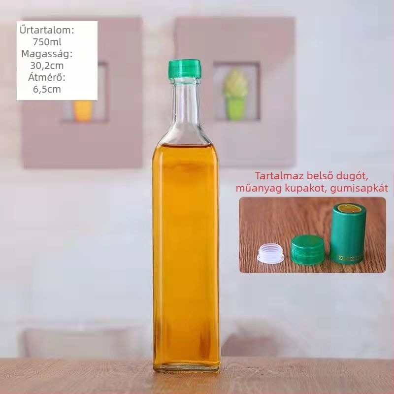 Átlátszó, négyzet alakú üveg olajtartó palack olívaolajhoz, kamélia-olajhoz, dióolajhoz és szezámolajhoz
