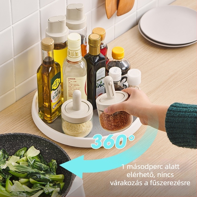 Konyhai forgó fűszertartó tálcával só, szójaszósz és ecet üvegekhez