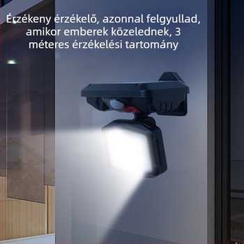 Napelemes háromfejű összecsukható falikar PIR-szenzorral, éjszaka automatikus felkapcsolással, kültéri udvarra (135 COB LED)