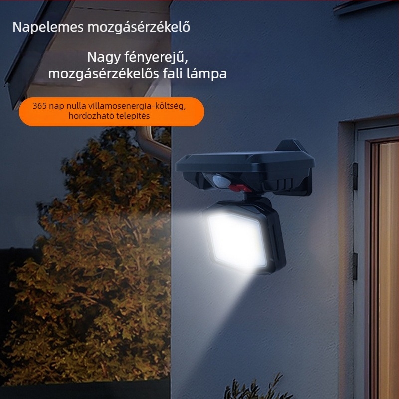 Napelemes háromfejű összecsukható falikar PIR-szenzorral, éjszaka automatikus felkapcsolással, kültéri udvarra (135 COB LED)