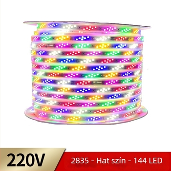 RGB LED-szalag 2835, ferde háromsoros kialakítás, 144 LED, hat szín, 48 LED folyóvíz hatással, 96 LED színváltó, villanó effektus, rugalmas fénycsík