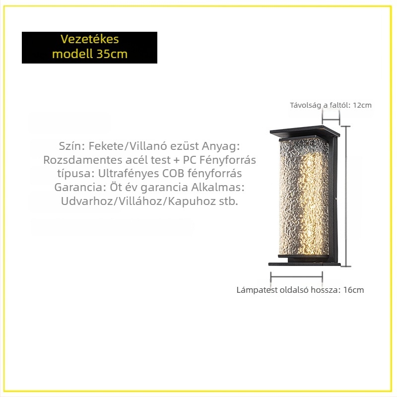 Minimalista kültéri falikar, vízálló, villa udvarára, kapu oszlopaira, ajtó elé, erkélyre és teraszra, napelemes