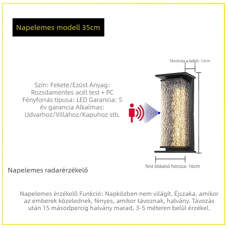 Minimalista kültéri falikar, vízálló, villa udvarára, kapu oszlopaira, ajtó elé, erkélyre és teraszra, napelemes