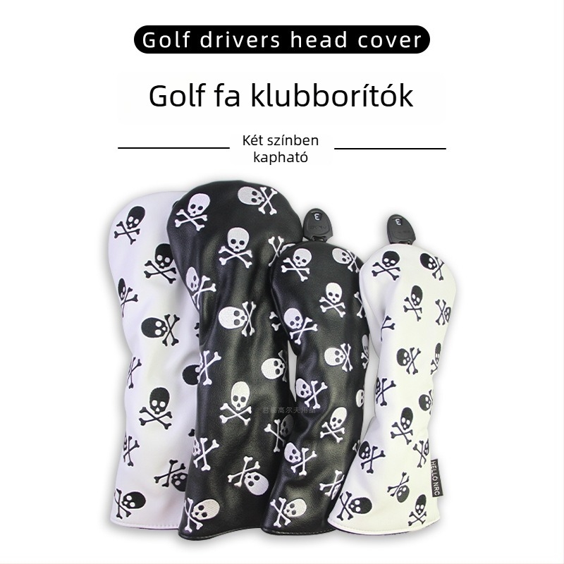 Golf koponya mintás fa nyélvédő, forgatható számjegy-lemez, rugalmas pánttal, 1/3/5/UT jelölésekkel, védő sapka, két színben.
