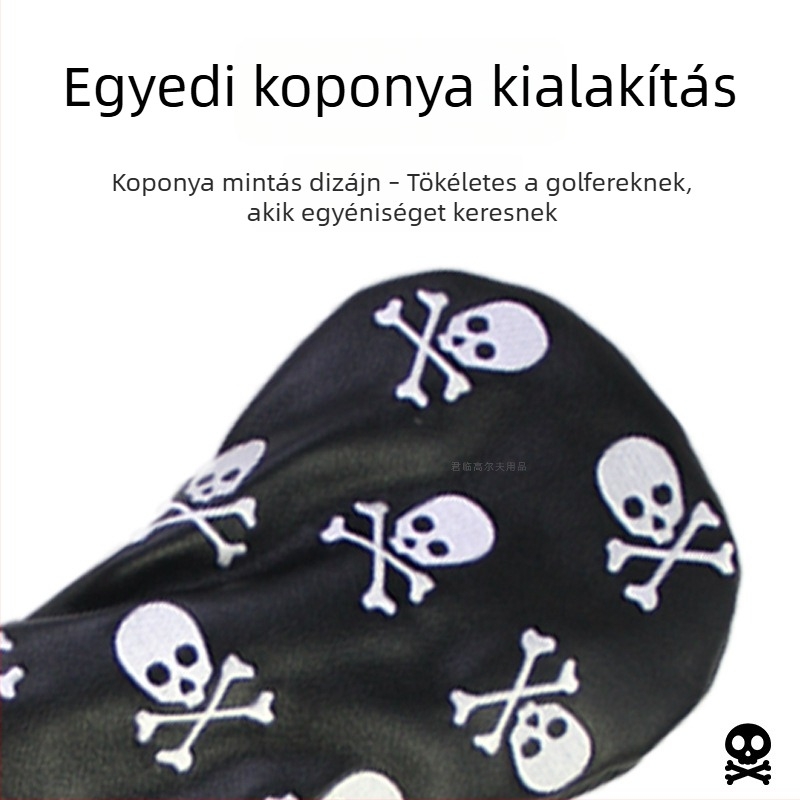 Golf koponya mintás fa nyélvédő, forgatható számjegy-lemez, rugalmas pánttal, 1/3/5/UT jelölésekkel, védő sapka, két színben.