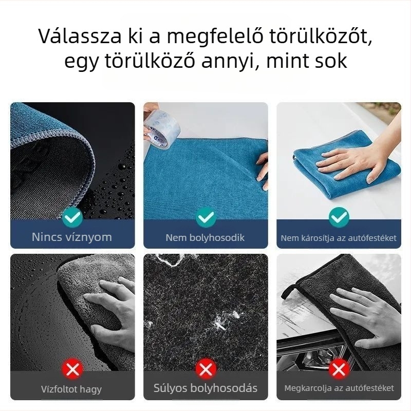 Ultra‑finom mikroszálas, vastagított prémium autómosó törlőkendő, nedvszívó belső tisztításra, szöszmentes, logóval