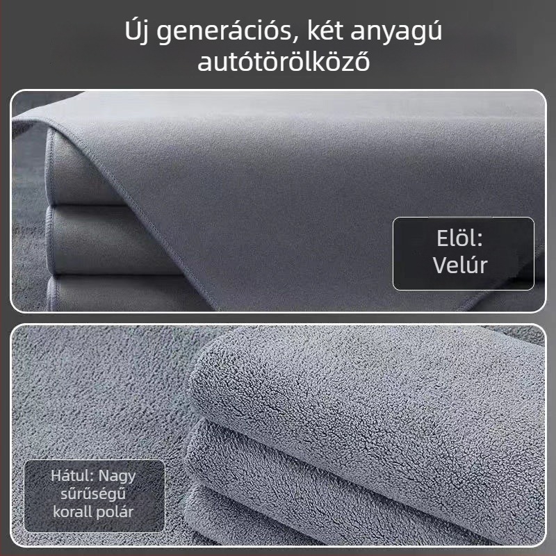 Kétszínű autómosó kendő korallgyapjúból, vastag, nedvszívó, nagy méret, szöszmentes és nyommentes