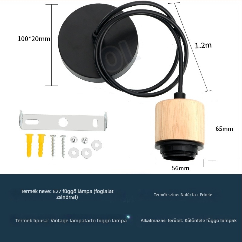 E27 csavaros foglalatú vintage függőlámpa tartó, természetes fa lámpafej, állítható függőkábel, DIY lámpabúra kiegészítők