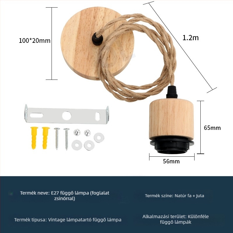 E27 csavaros foglalatú vintage függőlámpa tartó, természetes fa lámpafej, állítható függőkábel, DIY lámpabúra kiegészítők