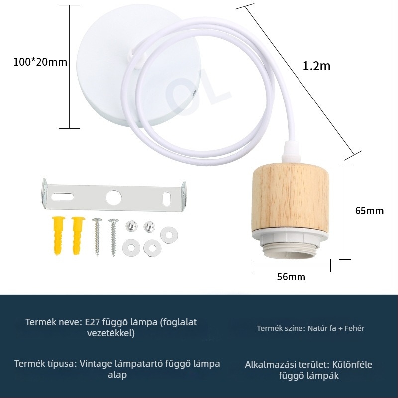 E27 csavaros foglalatú vintage függőlámpa tartó, természetes fa lámpafej, állítható függőkábel, DIY lámpabúra kiegészítők