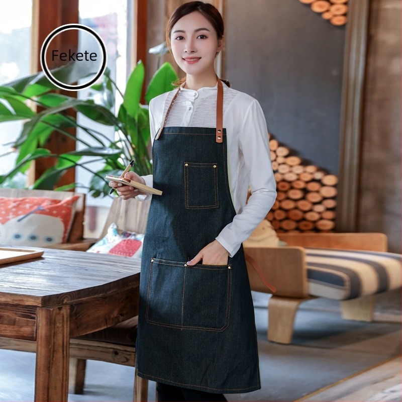 Koreai stílusú denim kötény egyedi logóval éttermek, konyhák, milk tea boltok és virágüzletek számára — uniszex, ujjatlan, egy méretű