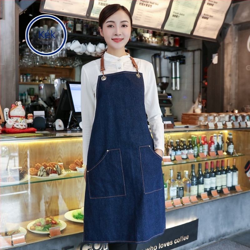 Koreai stílusú denim kötény egyedi logóval éttermek, konyhák, milk tea boltok és virágüzletek számára — uniszex, ujjatlan, egy méretű