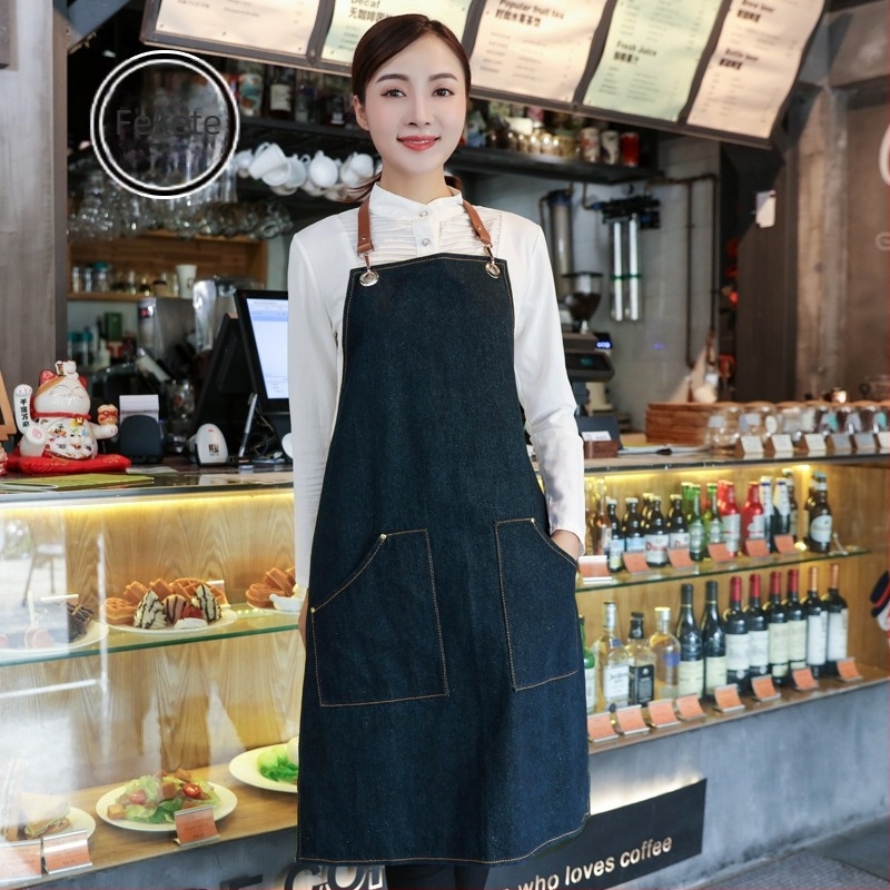 Koreai stílusú denim kötény egyedi logóval éttermek, konyhák, milk tea boltok és virágüzletek számára — uniszex, ujjatlan, egy méretű