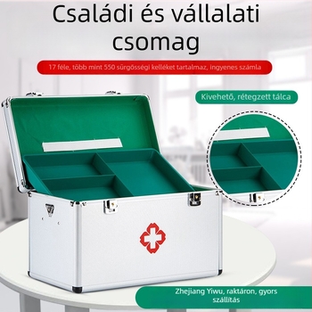 Alumínium ötvözetből készült elsősegély-doboz, több rekesszel, hordozható orvosi tároló