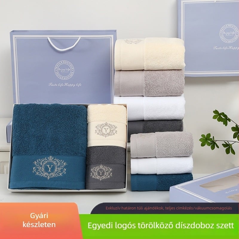 100% pamut ajándék törölközők, 3 darabos fürdőszett, díszdobozban, testreszabható, luxus emléktörölközők